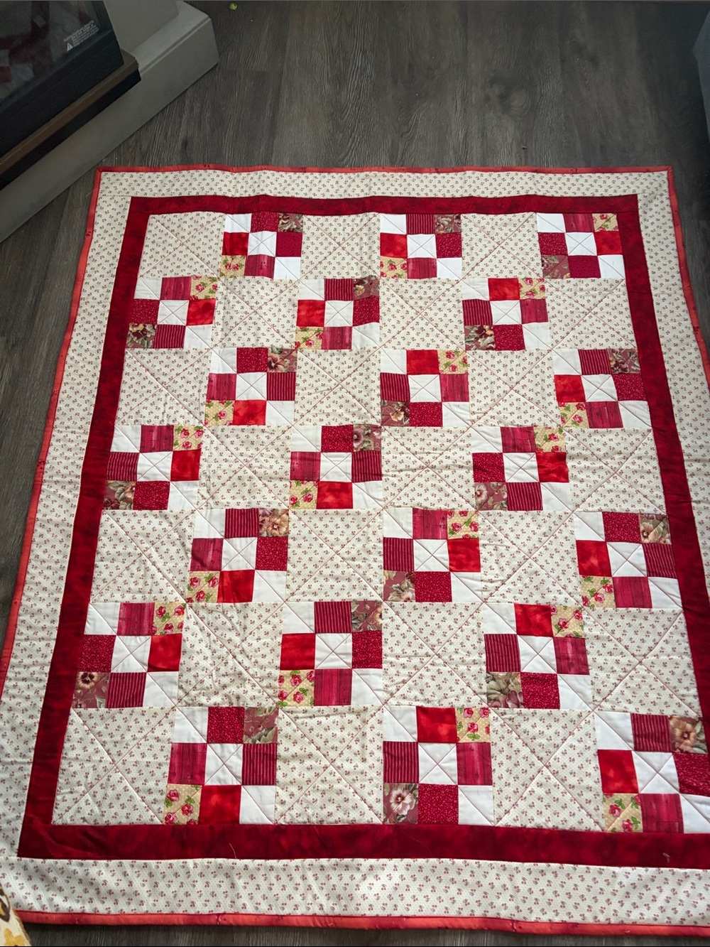 Handmade Red and Cream Patchwork Quilt - Floral Nine-Patch Design
